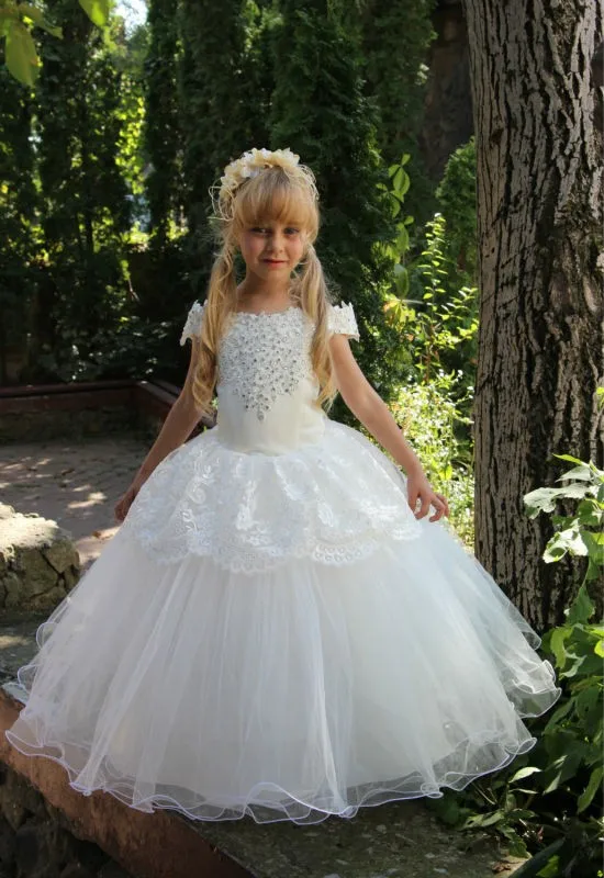 2016-New-White-Lace-Beads-Flower-Girl-Dress-for-Weddings-Ball-Gown-Cap-sleeve-Boat-neckline