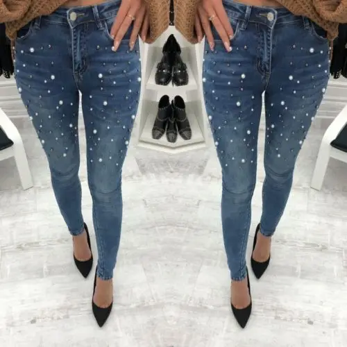 Модные сексуальные женские джинсовые обтягивающие брюки с высокой талией, Стрейчевые джинсы с бисером, узкие брюки-карандаш
