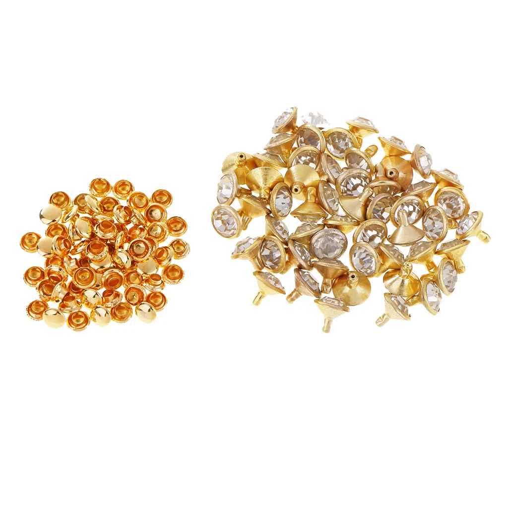 50 Pieces Rhinestone Rivets Studs Buttons for Sewing Crafts DIY Bag Clothes Shoes 7/10mm Silver/Gold Leathercrafts Accessories