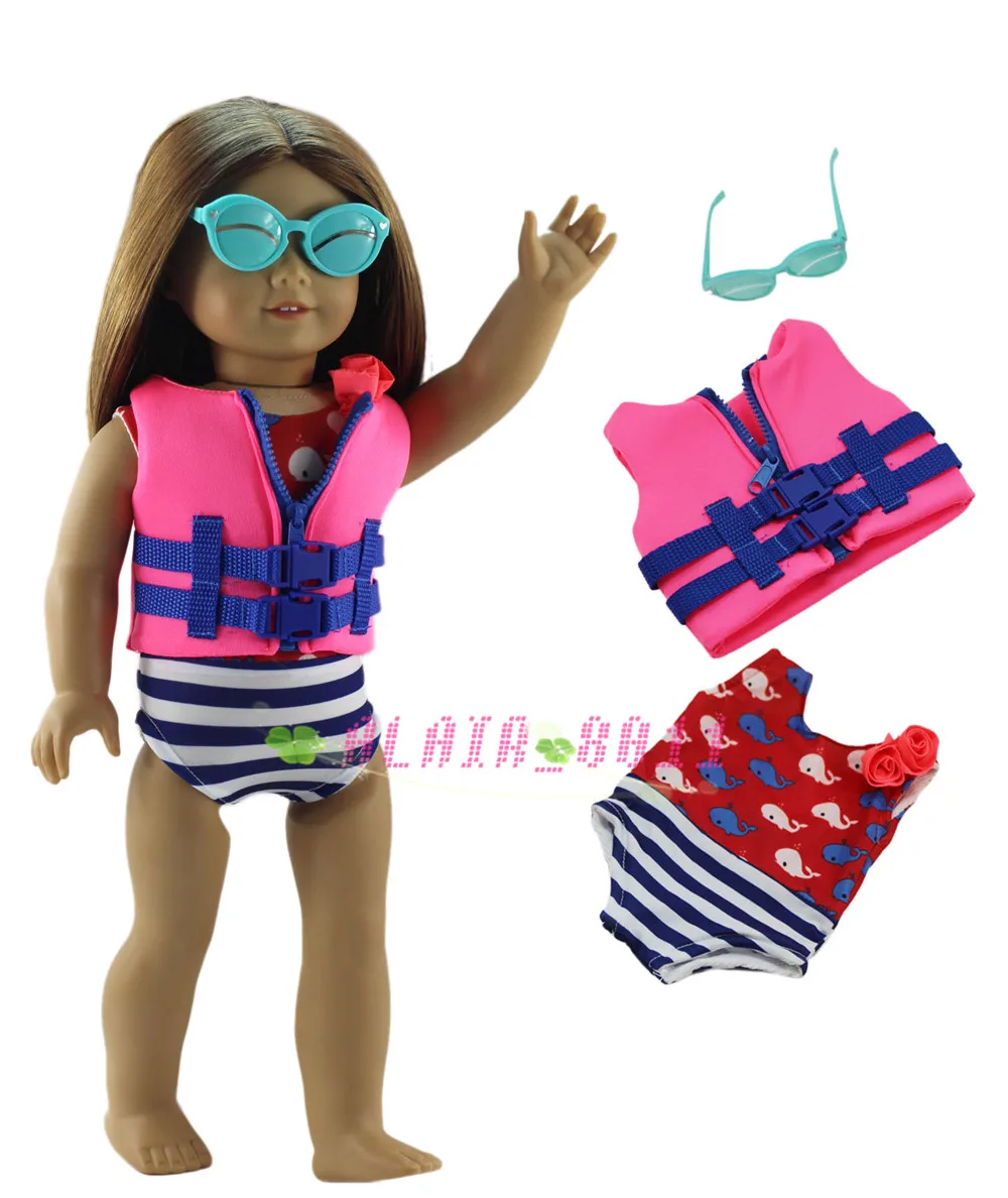 3in1 Set Doll Clothes Life vest+Swimsuit+Glasses for 18" American Doll