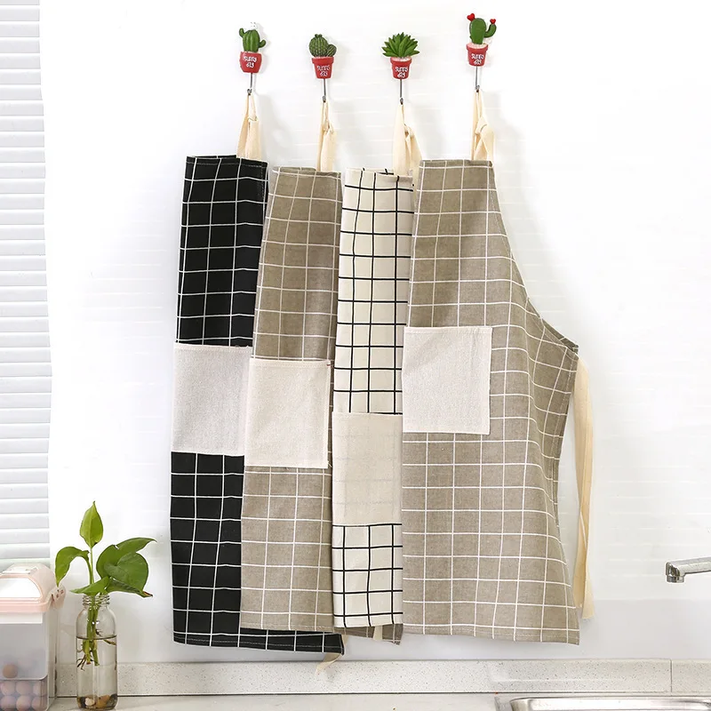 New Hot 1Pcs Plaids Striped Cotton Linen Apron Woman Adult Bibs Home Cooking Baking Coffee Shop Restaurant Cleaning Kitchen