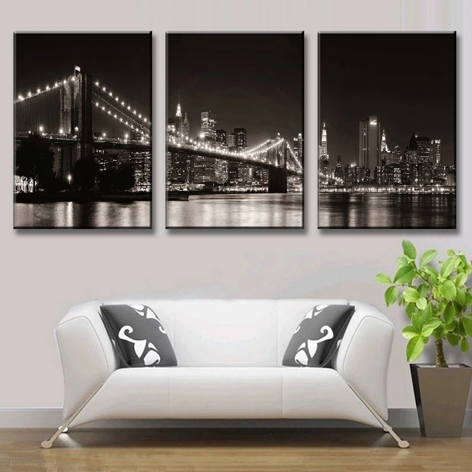 

Canvas Wall Art Pictures Modern Frame Living Room Decor 3 Pieces Brooklyn Bridge HD Printed City Night Landscape Poster Painting