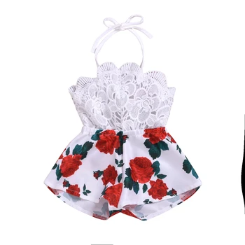 

2019 Toddler Cute Baby Girls Romper Rose Printed Sleeveless Playsuit Lace Halter Jumpsuit Backless Knot Outfit Clothes Bodysuit