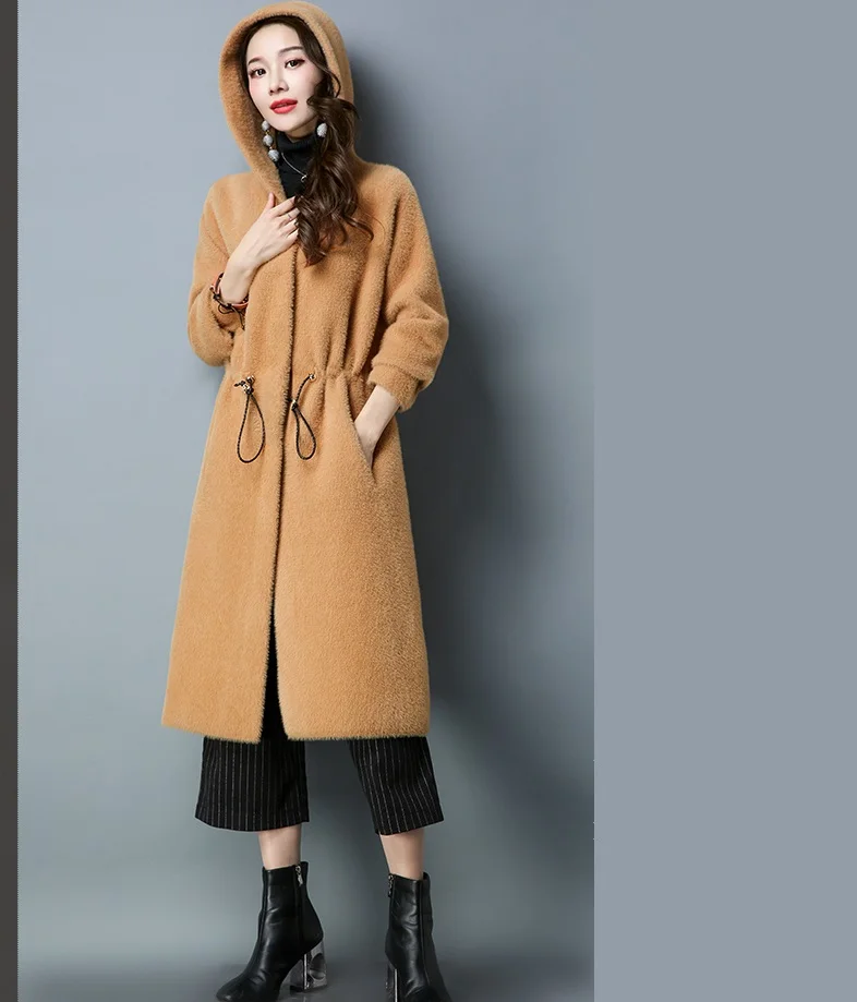 UHYTGF S-5XL высокое качество Водонепроницаемый норки кашемировый свитер пальто зимнее Для женщин овец стриженая с капюшоном Тонкий Леди Осень