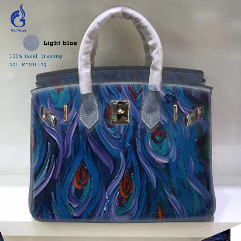 

Genuine Leather Bag Hand Drawing Graffiti Peacock Feather Hand Bags Women Leather Casual Totes Bag Hardware Painted Clutch Bag Y