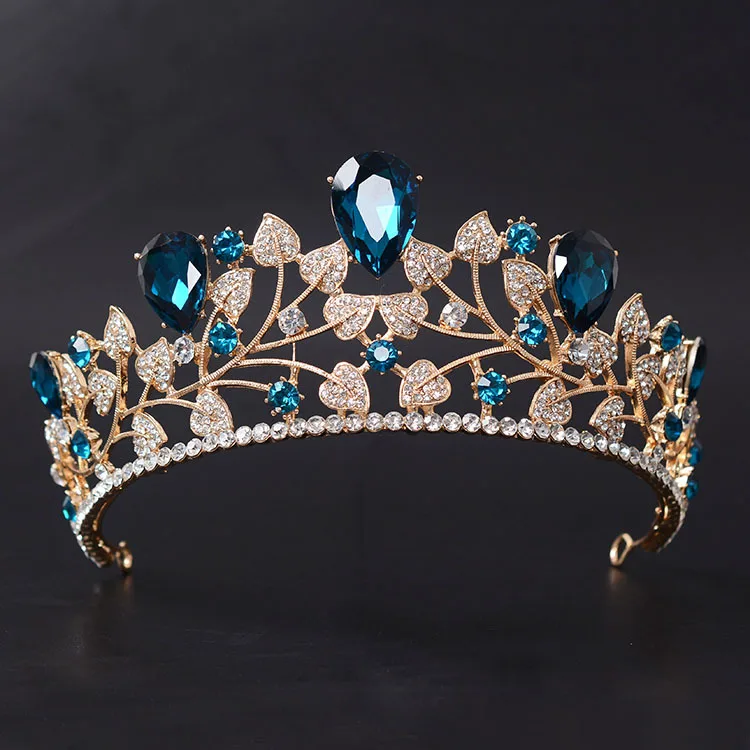 

Rhinestone women Tiara Bridal wedding Crown Fashion Leaf style Hairbands Blue zirconia crystal Party Hair Jewelry accessories