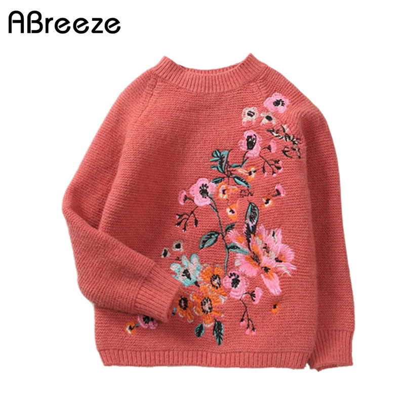

2-8 year children girls clothing tops New 2017 autumn brand top quality cashmere cotton Flower embroidery pullover sweater wear