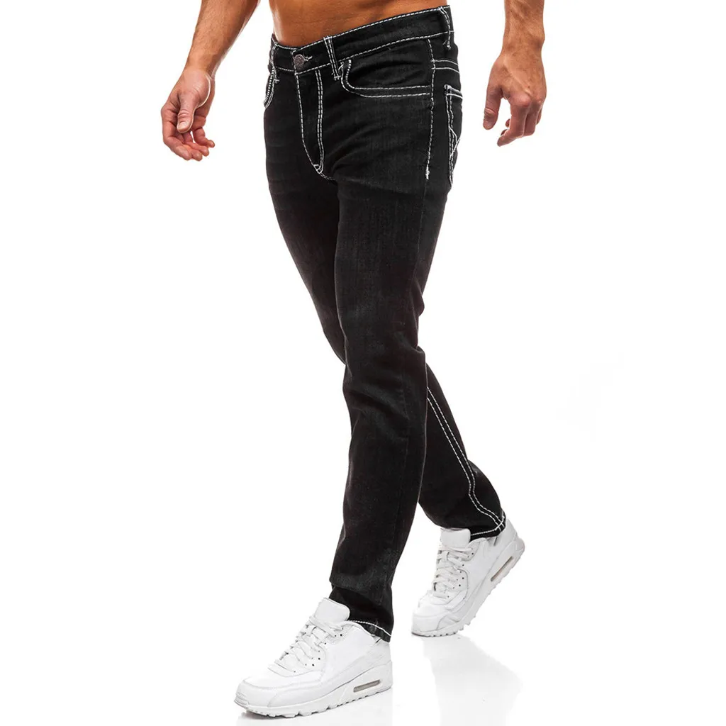 Осенние классические джинсы, мужские облегающие повседневные брюки, одноцветные мужские джинсы с карманами, рваные джинсы, длинные штаны 7#3a1