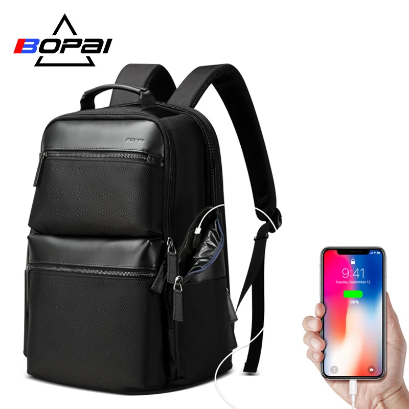 BOPAI Anti theft USB Charging Backpack Travel Laptop Bag Cow Leather for 15.6 inch Large Capacity Business Backpack Waterproof