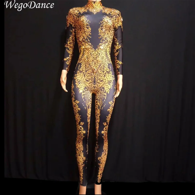 

new Women Sexy Gold Rhinestones Jumpsuit Performance Outfit Singer gogo Nude Black Big Crystals Costume Dance Bodysuit