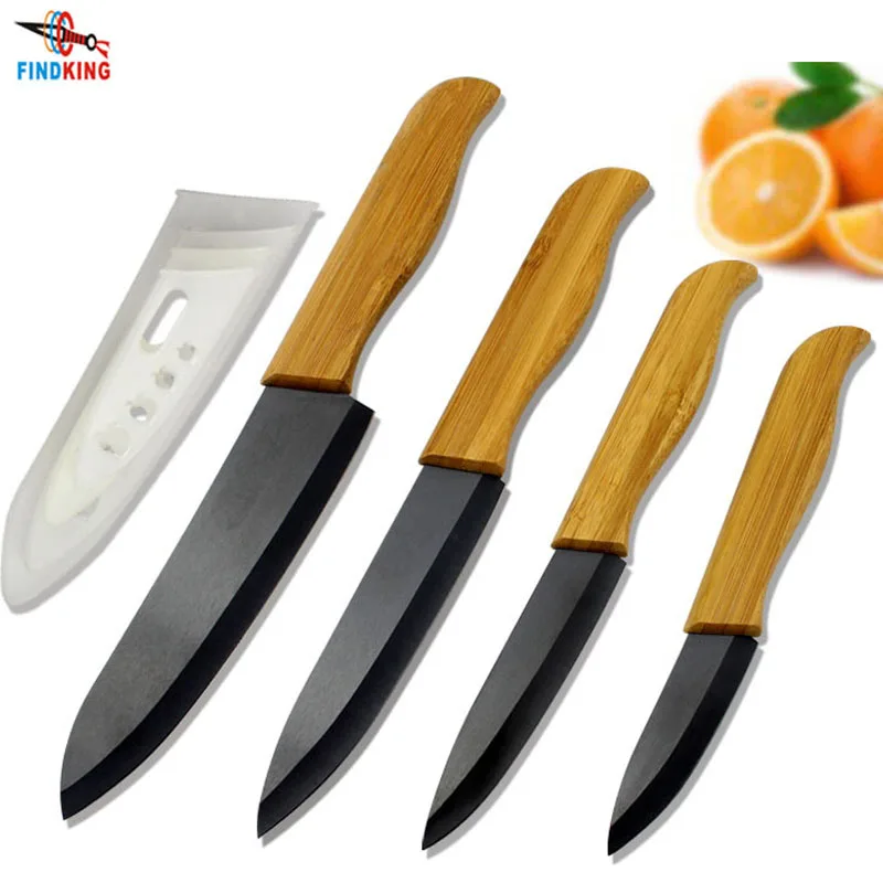 FINDKING брендовый высококачественный набор керамических ножей с бамбуковой ручкой и черным лезвием, кухонные ножи " 4" " 6" дюймов+ Чехлы - Цвет: Black