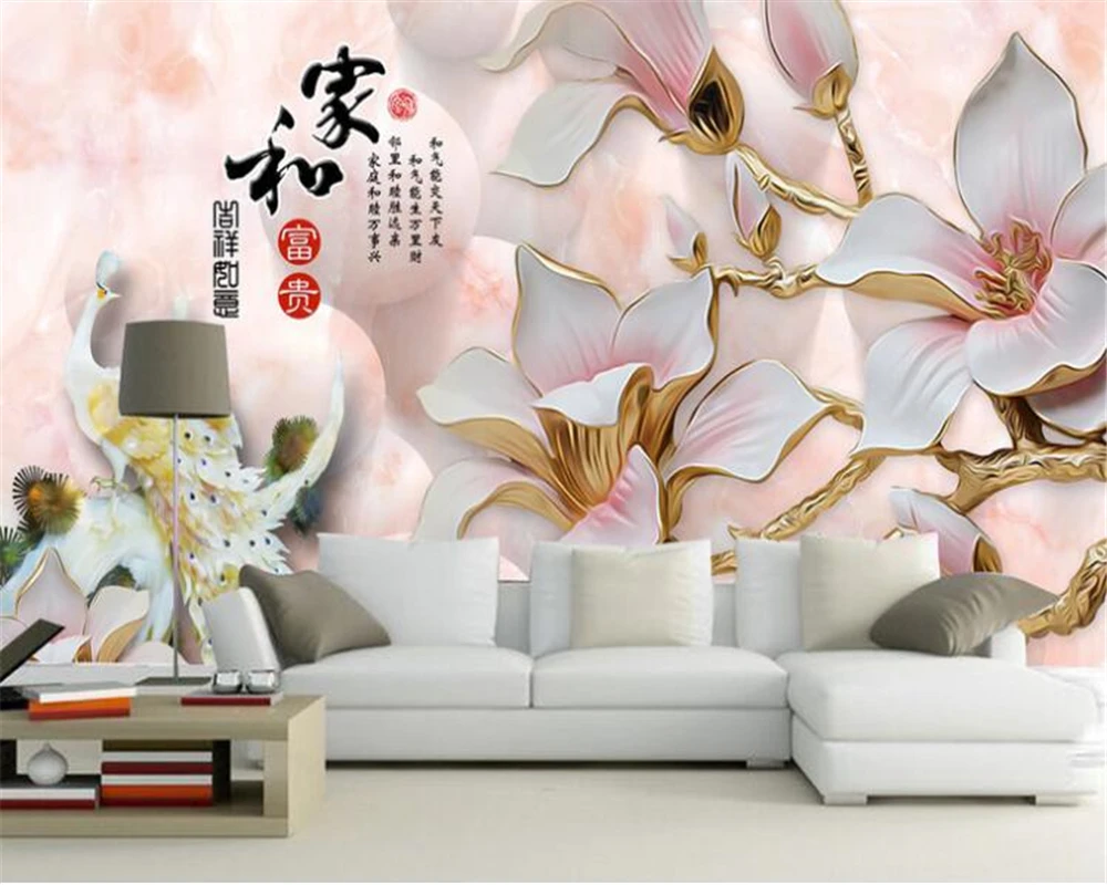 Beibehang Large HD relief Magnolia home and rich three-dimensional wallpaper mural TV background wall wallpaper papel de parede