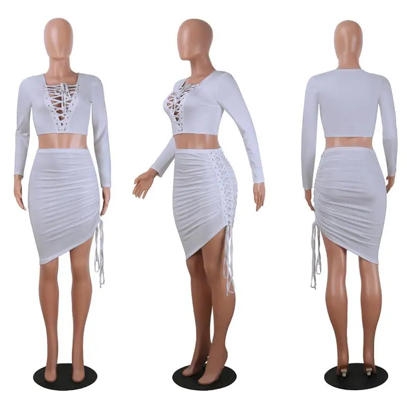 ADEWEL 2017 Autumn Women Bandage Lace Up Two Piece Set Mini Dress Sexy Bodycon Long Sleeve Crop Top &  Irregular Club Dress Sets (11)