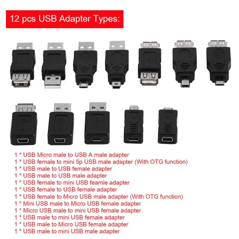 12 шт. USB 2,0 Micro/Mini USB штекер-Женский адаптер для передачи данных Конвертер Разъем для портативных ПК