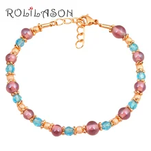 ROLILASON винтажный дизайн Шарм Золотой Браслеты Кристалл синий и фиолетовый бисер здоровье ювелирные изделия повседневная TB822