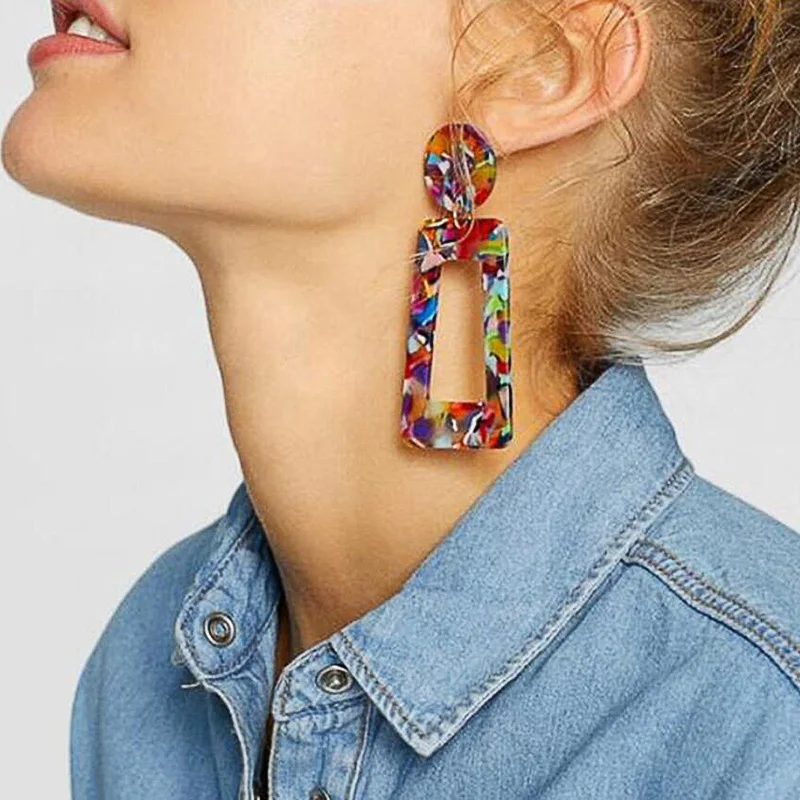 

ES446 New Fashion Color Earrings Leopard Print Acrylic Acetic Acid Sheet Geometric Circle Square Long Drop Earrings for Women