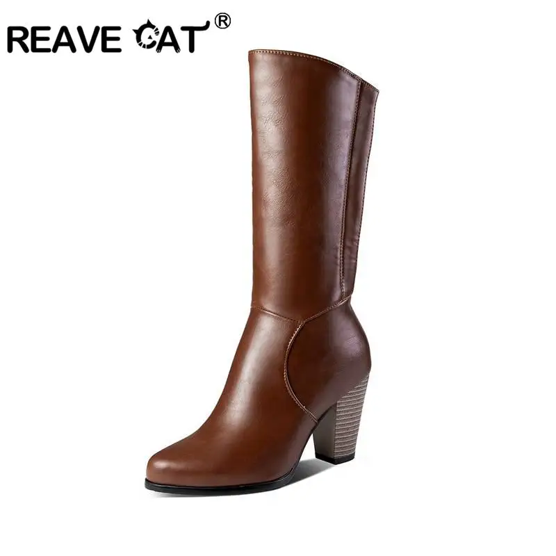 

REAVE CAT New Western boots Mid calf Thick heels Zipper Female Leather Shoes Large size Block Heel Booties black white size 46