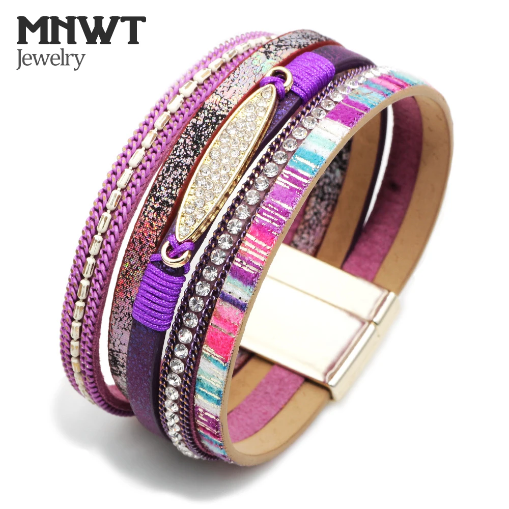 Mnwt Fashion Jewelry Multilayer Leather Bracelet Rhinestone Crystal