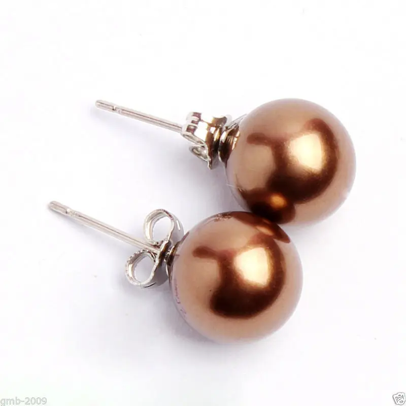 

hot sell new - Hot sale new Style >>>>New 10mm Round Natural Coffee South Sea Shell Pearl 925 Silver Earrings