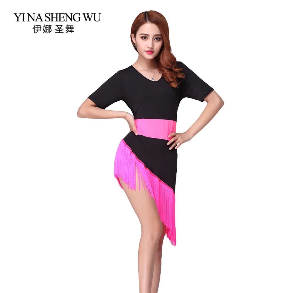 

Latin Dance Tassel Skirt New Latin Dance Practice Stage Clothing Milk Fiber Short-sleeved Tassel Dance Dress For Adult Women