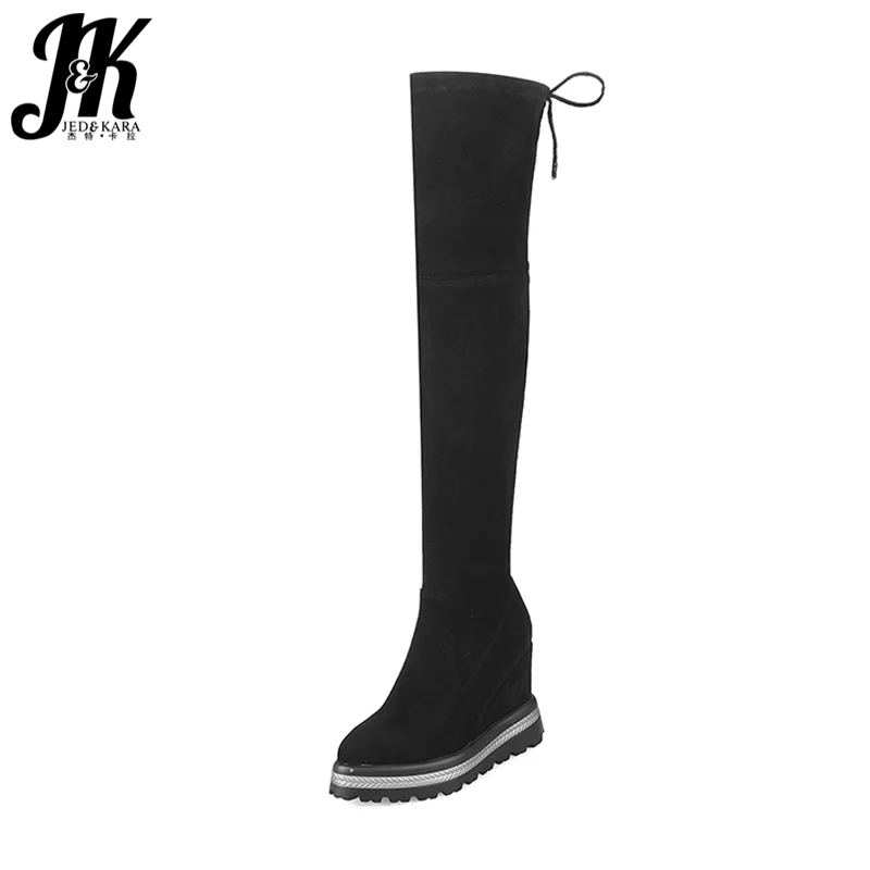 

JK Big Size 33-42 Stylish Super High Wedges Boots Lady Sexy Flock Stretch Over the Knee Boots Women Zipper Lace Thigh Footwear