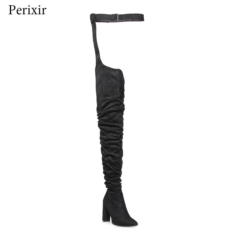 

perixir Rihanna Flock High Boots Winter Over Knee Fashion Heeled Boots Strap Solid Pointed Toe Square Heel Sexy Zip Long Boots