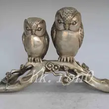 Исключительный китайский старинный белый статуя медная-одна пара сов, сидящих на дереве