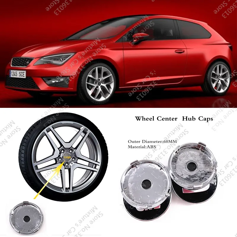 

4pcs/lot 56mm 60mm ABS Stainless steel Car Wheel Center Hub Cap Car Rim Emblem Badge Fit For SEAT Leon Ibiza Altea Alhambra