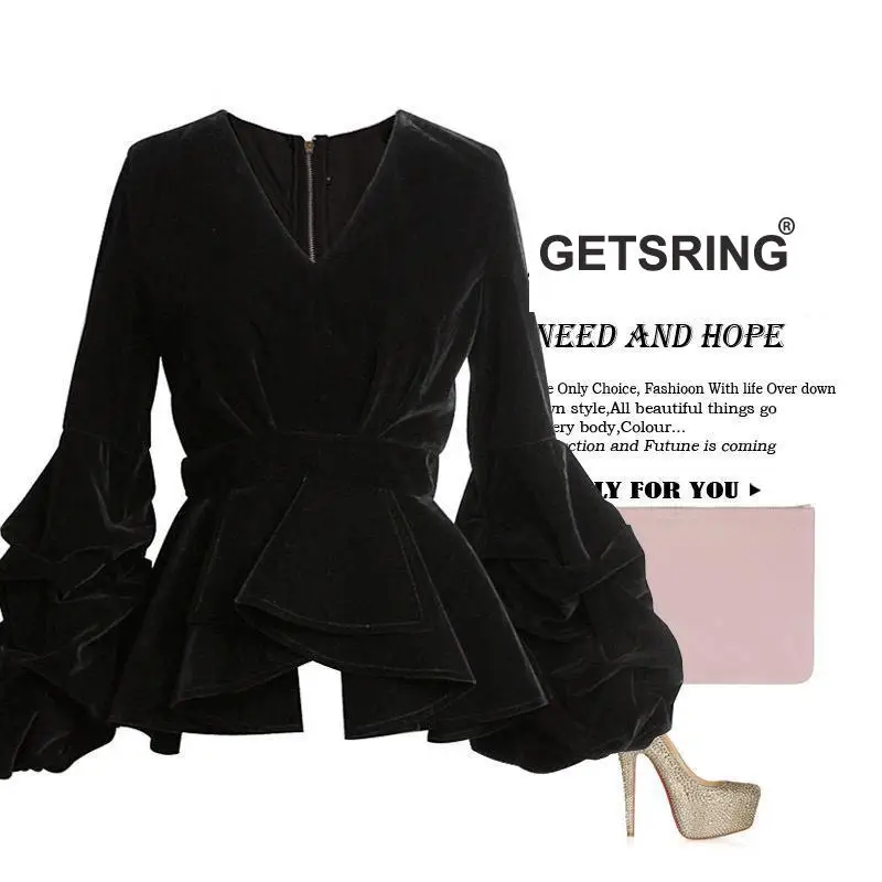 

GETSRING Women Tops Velvet Blouse Flounce Bubble Sleeve Blouses Women Clothing Shirt Women 2017 Full Sleeves Tops For Women