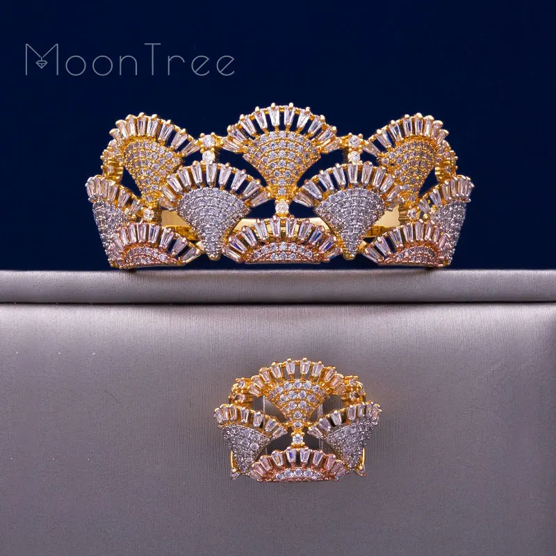 MoonTree специальный бренд дизайн полный стразы три тона Медь Ювелирные наборы для женщин девочек свадебные Bijoux широкий браслет кольцо набор MoonTree специальный бренд дизайн полный стразы три тона Медь Ювелирные наборы для женщин девочек свадебные Bijoux широкий браслет кольцо набор