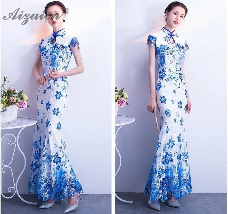 Модерано sirena azul Banco largo Cheongsam las mujeres chino vestido de noche Qipao Longue Femme Chinoise винтажные платья