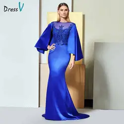 Dressv темно-синие вечернее платье scoop шеи с длинными рукавами Аппликации Русалка длиной до пола Свадебная вечеринка торжественное платье