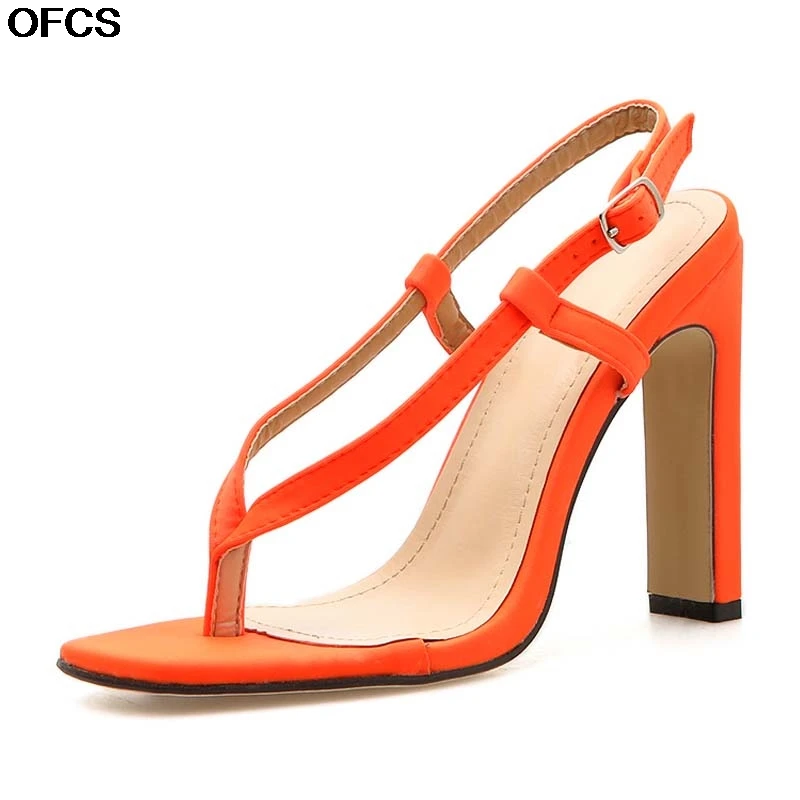 

Sexy Orange Sandals Women Summer High Heel Slippers Sandals Lady Back Strap Square Heel Gladiator SandalsFlip Flops Women Shoes