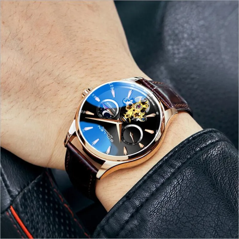 

Original SOLLEN Watch Automatic Mechanical Watches Leather Luminous GMT Tourbillon Flywheel Men wristwatch relogio masculino