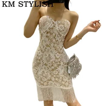 

French Niche 2019 Summer New Sexy Tube Top Lace Fringed Slim Women's White Party Dress
