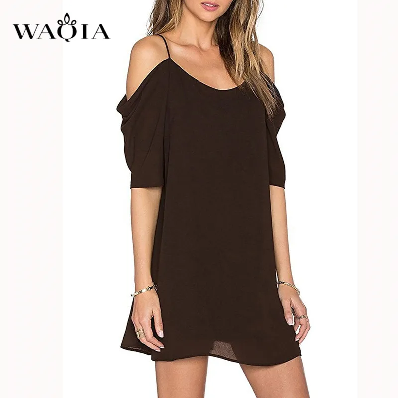 Waqia плюс Размер летнее шифоновое платье сексуальное с открытыми плечами Спагетти ремень платья с коротким рукавом черные белые свободные
