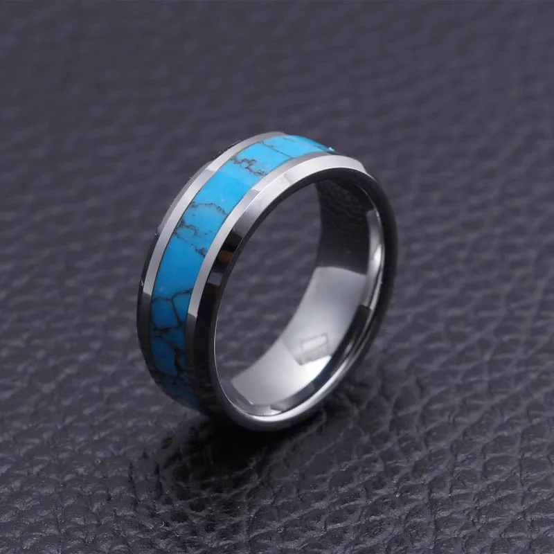 Mens Rings Tungsten Carbide With Blue Pattern Natural Stone Mens Rings Tungsten Carbide With Blue Pattern Natural Stone Inlay Beveled Edges Wedding Bands Ring For Men Fashion Jewelry