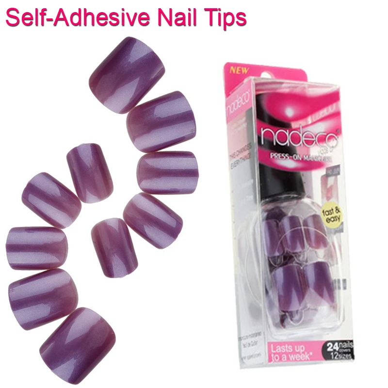 24pcs Full Cover Lavender Self Adhesive Nail Polish Tips Glued Light