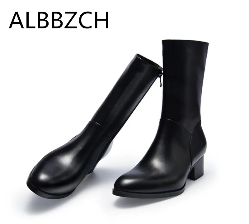 

Autumn Winter New Genuine Leather High Heel Long Boots Men Height increase Riding Equestrian Boots Pointed Toe Zip Fashion Boots