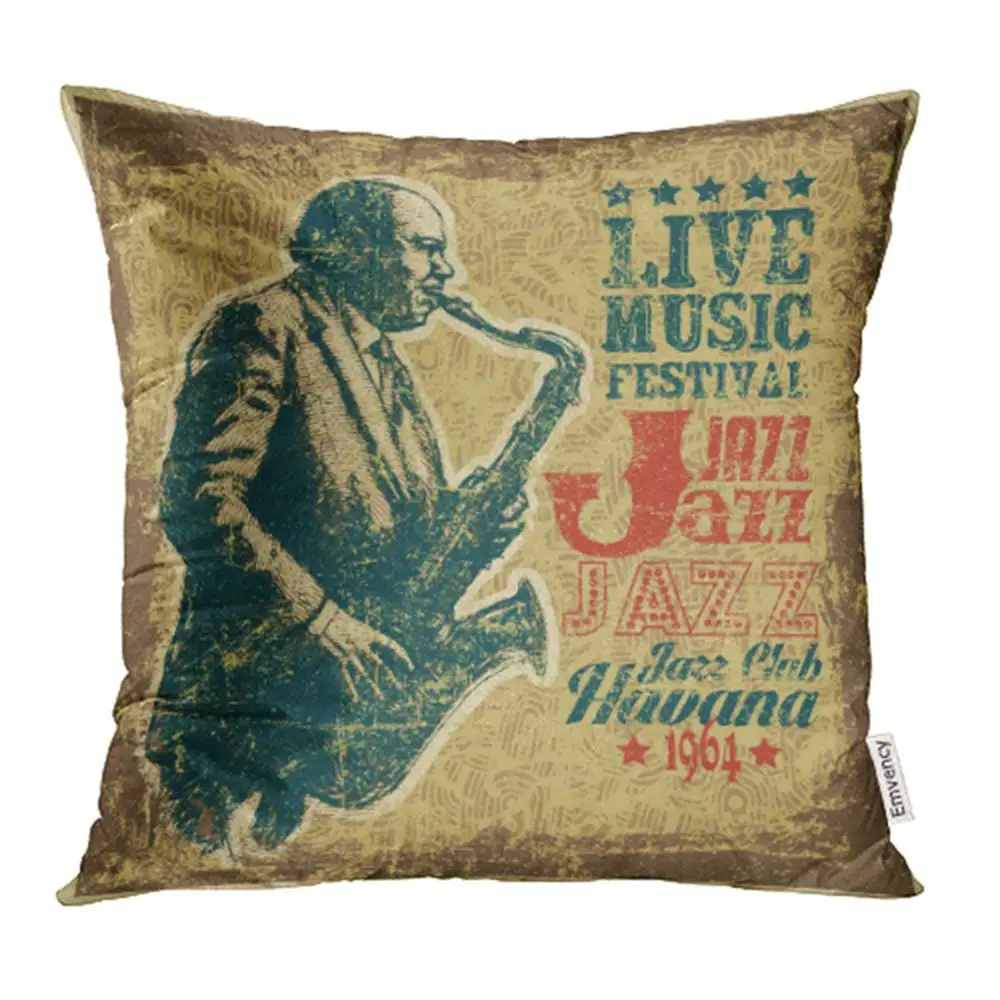 

ative Throw Pillow Case Retro Live Music Festival Jazz with Saxophonist and Vintage Fonts Effect