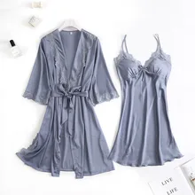 Осень Для женщин наборы ночных рубашек из 2 предметов ночной халат с груди площадку Женский атласная кимоно Ванна платье пижамы розовый халаты костюм