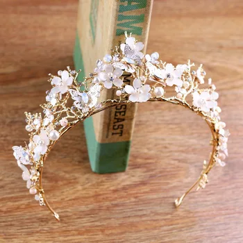 

Romantic Flower Crowns with Butterfly Bridal Hair Accessories Diademas Pelo Mujer Pearl Headband Hair Clip Wedding Tiara