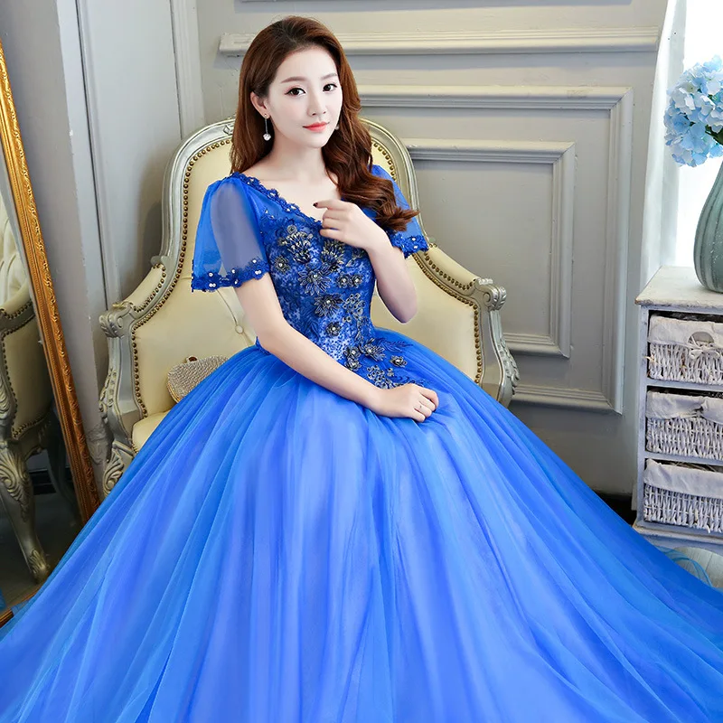 Бальные платья Quinceanera синего цвета с коротким рукавом фатиновое кружевное платье