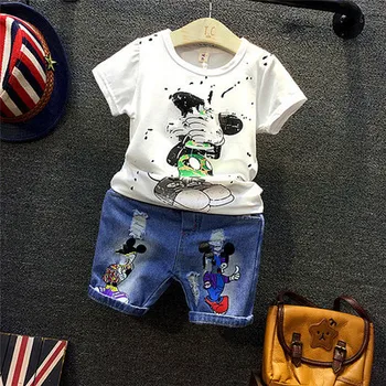 

Children's Wear Summer Baby kids Boys Sports casual Suit Cartoon boy T-shirt +Hole shorts jeans 2pcs Set Children's Clothes