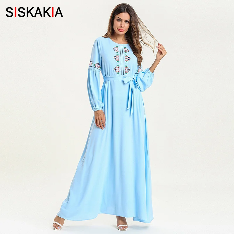 

Siskakia Maxi Dress for Women Muslim Ramadan Casual Long Dress light Blue Floral Embroidery Round Neck Long Sleeve Slim Sash New
