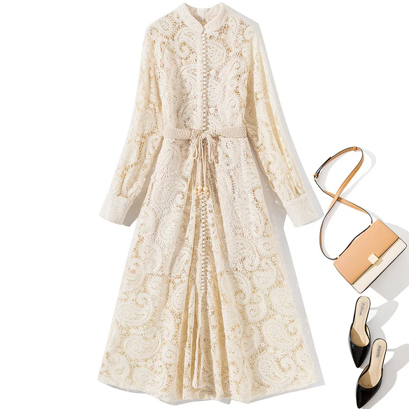 

Women 2019 new arrival fall autumn brand lace dress long sleeve button front a-line hollow out midi dresses beige