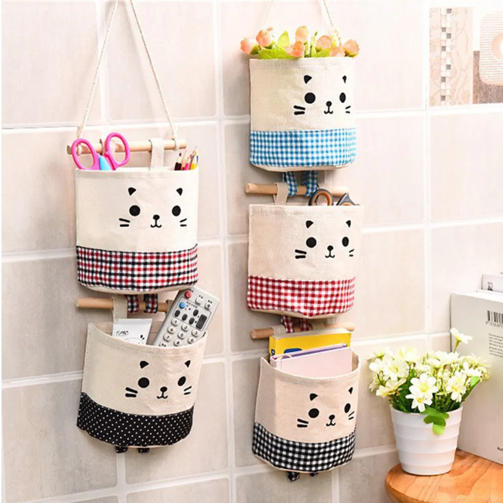  Cute Cat Pattern Cotton Linen Hanging Storage Bag 3 Pockets Wall Mounted Wardrobe Hang Bag Wall Pou