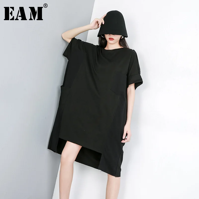 

[EAM] 2019 New Spring Summer Round Neck Half Sleeve Black Hem Irregular Split Joint Loose Big Size Dress Women Fashion JW079