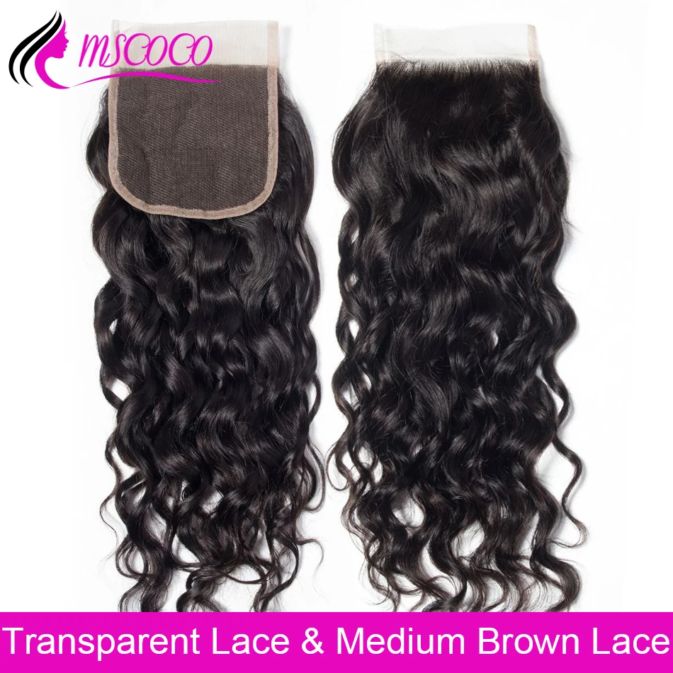 

HD Transparent Lace Closure 4X4 Water Wave Swiss Lace 100% Human Hair Closure Free Middle Part Lace Top Closure 8-22 inch Mscoco