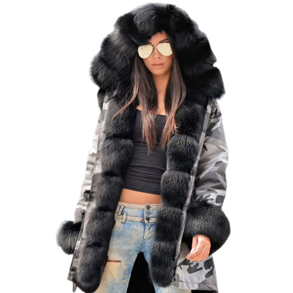 Roiii 2018 Winter Coat Faux Grey Fur Button High Waist Long Sleeve Women Parka Thick and Warm Overcoat Casual S-3XL Plus Size Coats